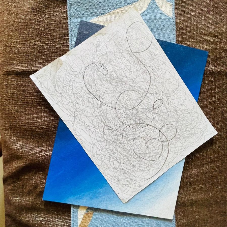 Continuous-line pencil scribble on layered blue paper